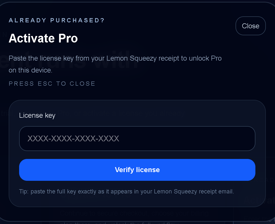 TraceProbe Activate Pro screen with license key field and Verify license button