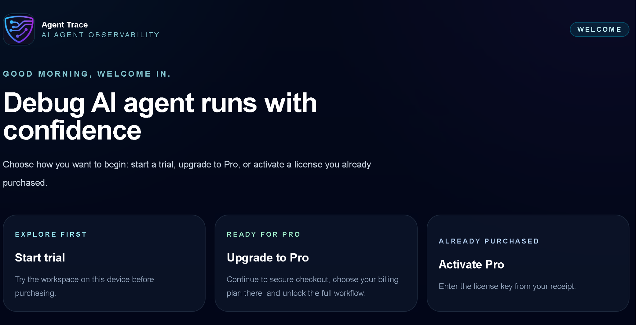TraceProbe home screen before trial with Start trial, Upgrade to Pro, and Activate Pro options