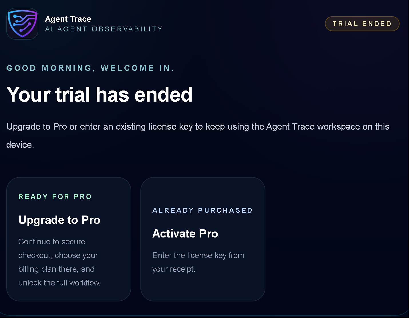 TraceProbe trial ended screen with Upgrade to Pro and Activate Pro options