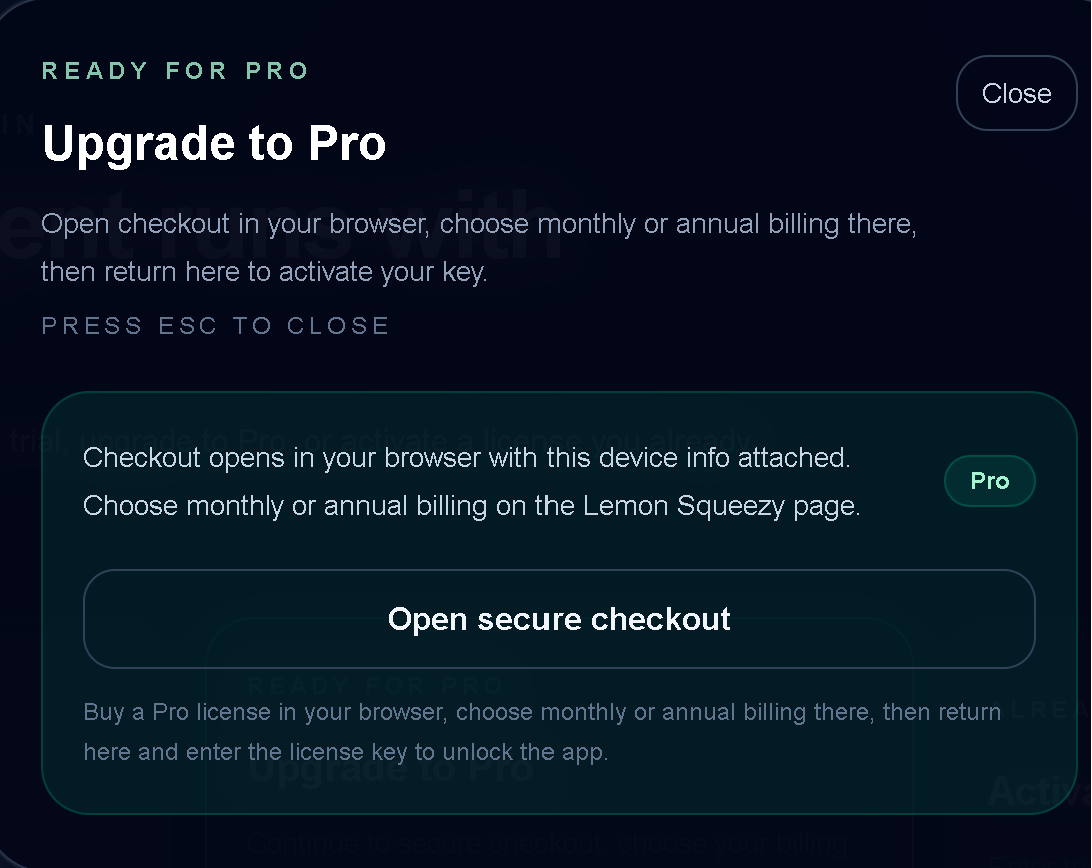 TraceProbe Upgrade to Pro screen with Open secure checkout button